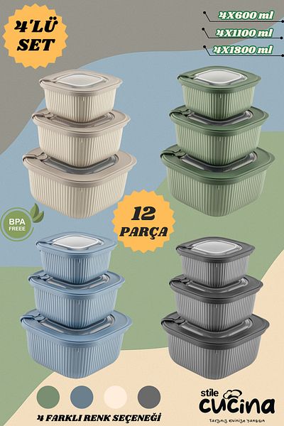 Stile Cucina Set of 12 Vacuum Storage Containers Suitable for Microwave and Freezer Use 4X(600-1100-1800ml)