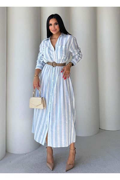 EGZOTİK ASORTİK Linen Dress with Belt and Elastic Waist