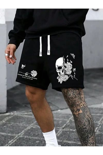 LAND MODA Skull & Rose Printed Drawstring Shorts for Men - Casual