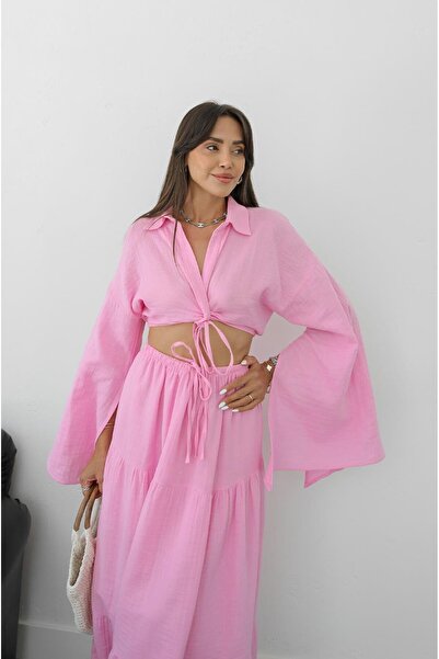 Havoş Pink Front Knot Detailed Blouse Skirt Set