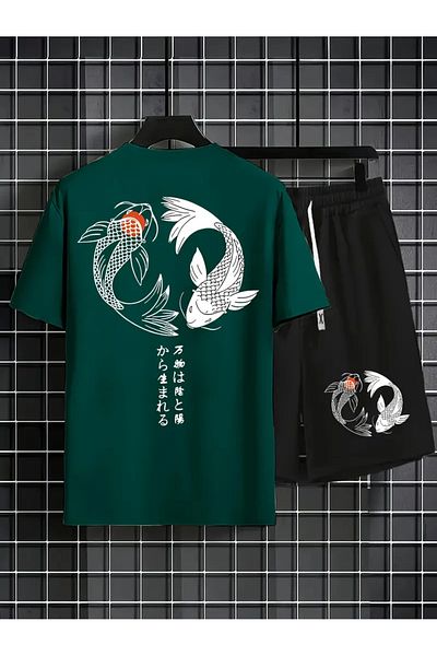 LAND MODA Men's Casual Tai Chi Koi Fish Graphic T-Shirt & Lace-Up Waist Shorts Set - Black and White, Comfortable