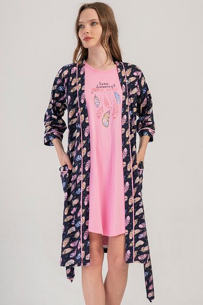 VİENETTA Cotton Women's Short Sleeve Nightgown + 3/4 Sleeve Dressing Gown Set, 409126