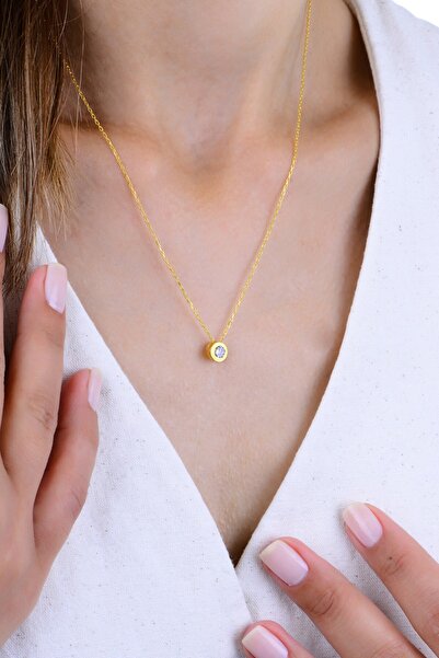 Söğütlü Silver Gümüş altın yaldızlı zirkon tek taş yuvarlak kolye SGTL13001YVLK