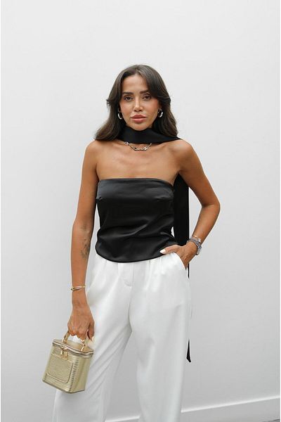 Havoş Black Potamya Shawl Strapless Satin Blouse