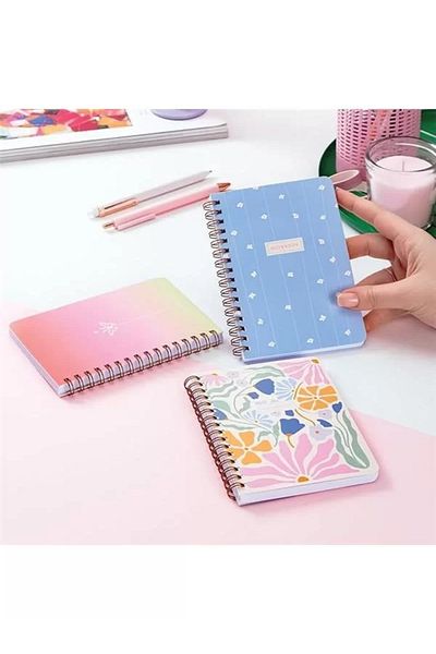 Mu Art Ahşap Pocket Size 10X14 cm Spiral Lined Cardboard Cover 3-Piece Notebook Set Daisy Butterfly Flowers