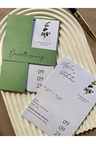emindijital Su Yeşil Zarflı Kuşaklı Düğün Davetiyesi 50 Adet