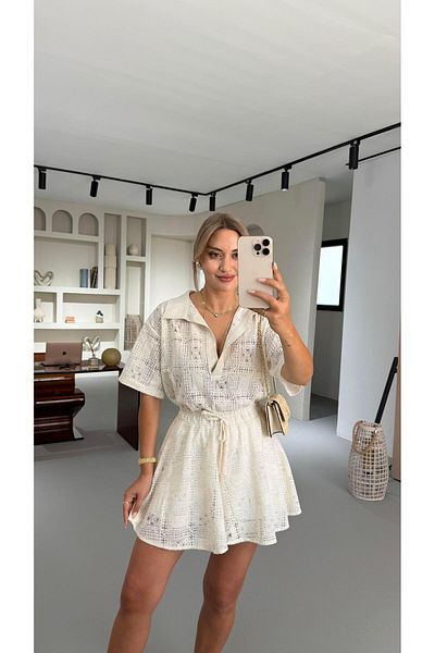 Sezgi Tekin Shirt Collar Cream Lace Blouse