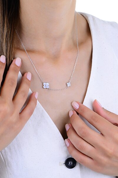 Söğütlü Silver Gümüş rodyumlu zirkon ve taşlı double şans yonca kolye SGTL12967RODAJ