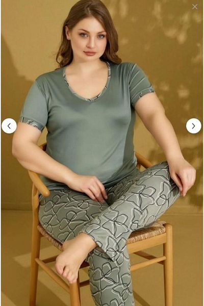 RAPAPA Seamlife Women's 100% Cotton Viscose Fabric Green V-Neck Short Sleeve Battal Pajamas Set 9506
