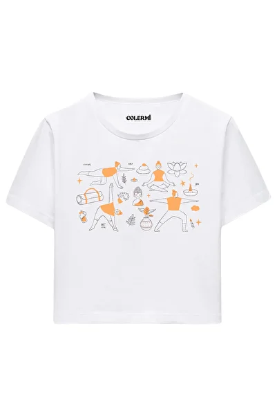 Colermi Yoga Figures Printed Women's White Crop T-Shirt