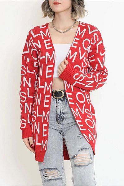 cacobutik Women's Letter Detailed Wool Pique Cardigan Red