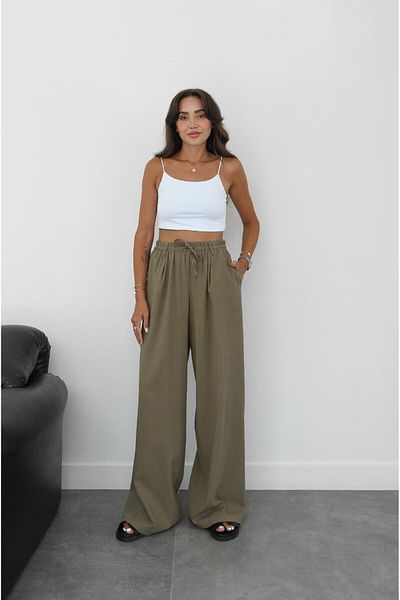 Havoş Khaki Thread Lace-Up Linen Trousers