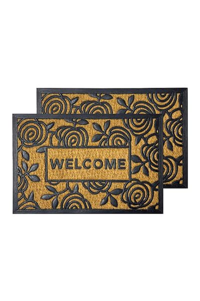 OPTIM DEKO Pachet 2 x Covoras intrare usa, fibra cocos si cauciuc, model Flower - 60x40 cm