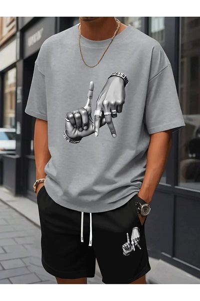 LAND MODA New Summer Men Printed 2 Piece Fashion Casual Suit, Round Neck Short Sleeve T-Shirt