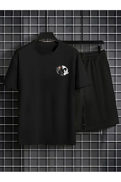 LAND MODA Men's Casual Tai Chi Koi Fish Graphic T-Shirt & Lace-Up Waist Shorts Set - Black and White, Comfortable