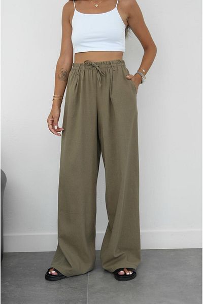 Havoş Khaki Thread Lace-Up Linen Trousers