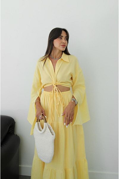 Havoş Yellow Front Knot Detailed Blouse Skirt Set