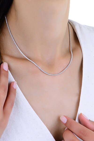 Söğütlü Silver Gümüş beyaz altın rodajlı pırlanta modeli zirkon taşlı su yolu kolye SGTL12954RODAJ