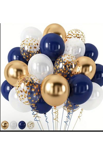 Çemrek Süs Parti Midnight Blue White Gold Chrome Transparent Sequin Balloon Harness Set of 25