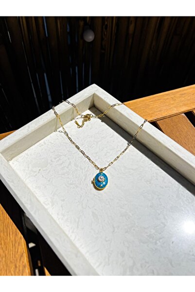 illys Gold Zincir Mavi Mineli Kırmızı Lale Figür Çelik Madalyon Kolye
