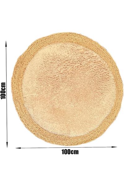 genric FFD 100x100cm Round Jute and White Plush Area Rug 100x100cm Soft, Eco-Friendly Natural Fiber Carpet