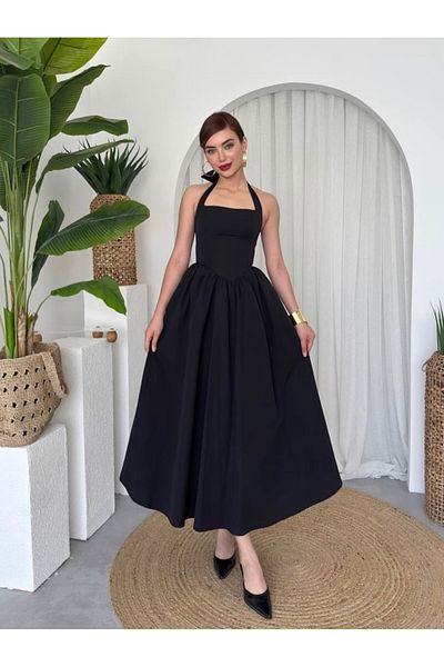 Afiş Butik Black Thick Strap Halter Neck Pleated Dress