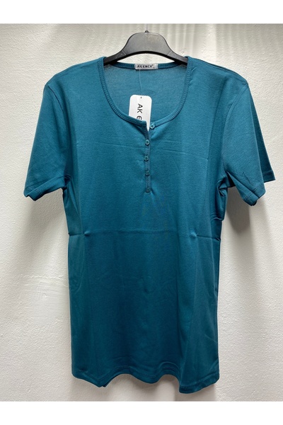 Ak Ench Cotton Solid Color Normal Fit Buttoned Lycra Cotton Ribbon Cotton Short Sleeve Women's Mother's Combed Tee
