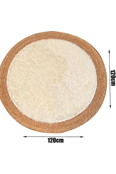 genric FFD Round Jute and White Plush Area Rug 120x120cm – Soft, Eco-Friendly Natural Fiber Carpet