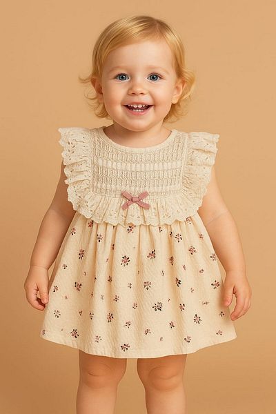 dinamik çocuk Baby Girl Vintage Elegant Lace Collar Detailed Floral Patterned Dress Summer Stylish Model 3-6-9-12-18-24Months
