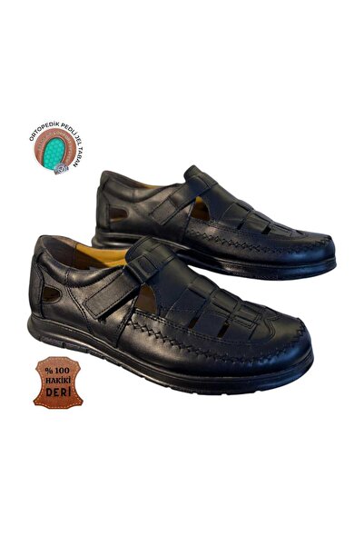 HON'S Hakiki Deri Erkek Sandalet Ayakkabı Topuk Jelli ortopedik Tabanlıklı