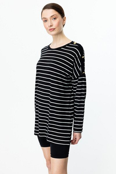 On Fashion Blouse Crew Neck Striped Long Sleeve Button Detail on the Shoulder