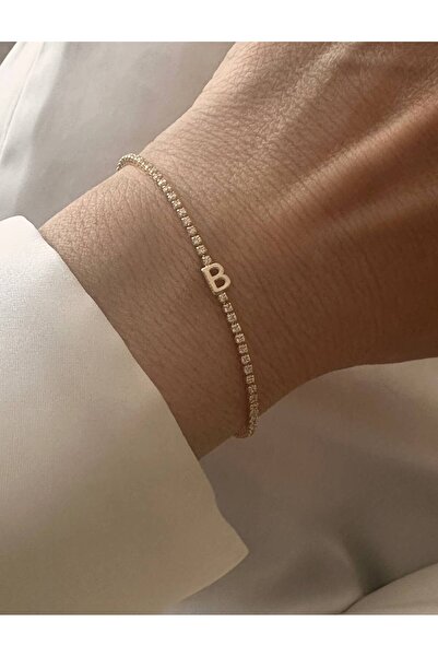 Esmeray Aksesuar Gold Renk Zirkon Taşlı Rodyum Kaplama ( B ) Harfli Su Yolu Bileklik Uzunluk 16,5 cm. 17,5 cm.