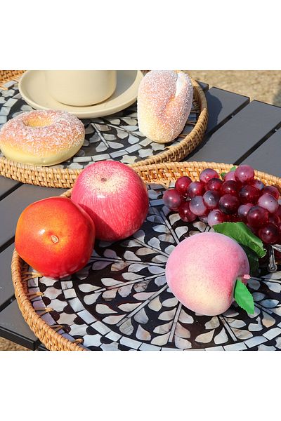 Cozy Nest Handmade Rattan Tray Set of 2 with Mother-of-Pearl Inlay Round Boho Decorative Trays