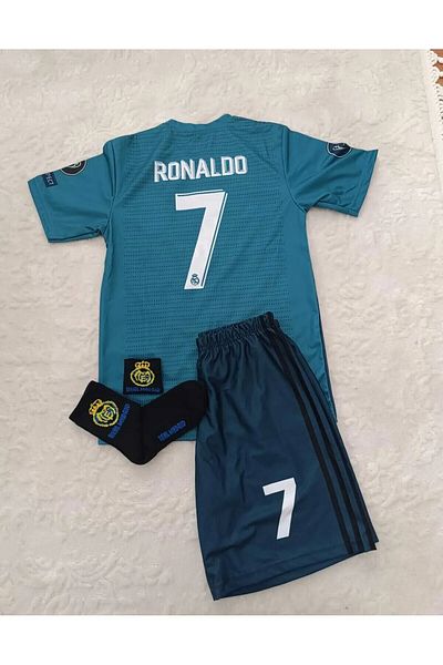 MONTENERO R.E.A.L M.A.D.R.I.D 2018 Cristiano Ronaldo Turquoise Röveşata Kids Jersey Set of 4 (Embroidered)