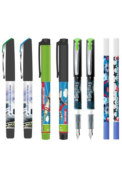daço Set of 6 school pens for BOYS, 100 ink cartridges, 2 nibs, F-type nib pen