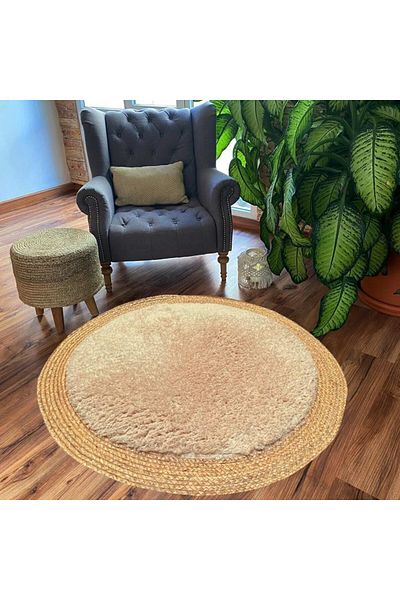 genric FFD Round Jute and White Plush Area Rug 120x120cm – Soft, Eco-Friendly Natural Fiber Carpet
