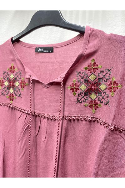 Şen Women's Cotton Ethnic Embroidered Embroidered Tie-Tie Tie-Sleeve Elastic Mother Combed Wide Cut Bluz T-Shirt