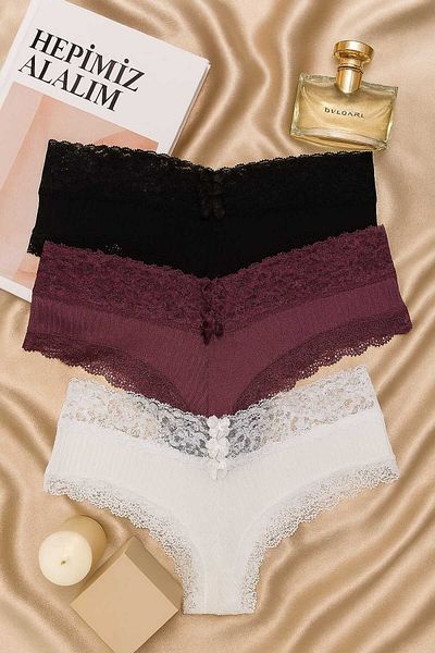 hepimiz alalım Women's 3 Pack Lace Slip Panties Set - Black, White, Burgundy - Soft and Stylish Underwear