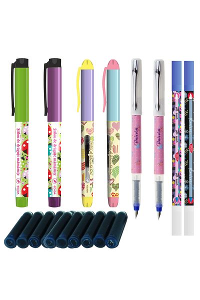daço Set of 6 school pens for GIRLS, 100 ink cartridges, 2 nibs, F-type nib pen