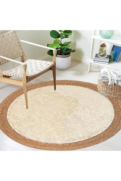 genric FFD Round Jute and White Plush Area Rug 120x120cm – Soft, Eco-Friendly Natural Fiber Carpet