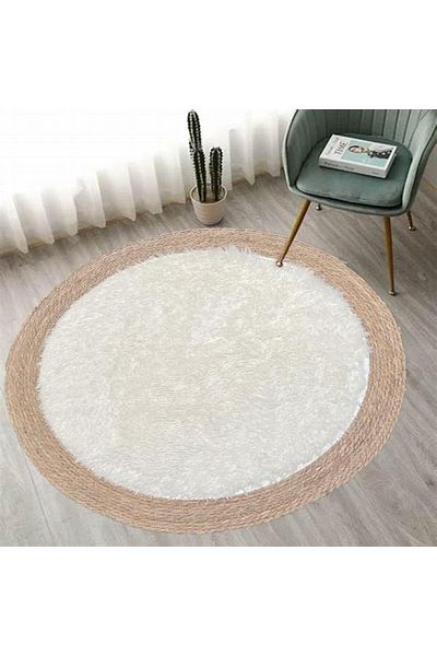 genric FFD White Natural Jute and Plush Area Rug | 100x100cm