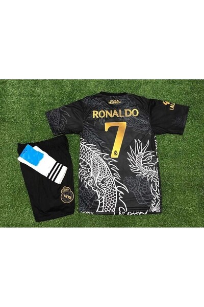 MONTENERO R.Madridd 2023/24 Season Cristiano Ronaldo Dragon Pattern Kids Jersey Set of 3 (Black)