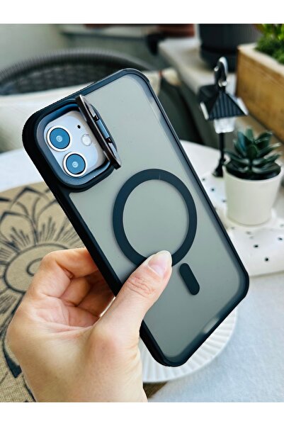 Go Aksesuar iPhone 11 Compatible Magsafe Featured Protective Silicone Case with Metal Camera Frame Stand