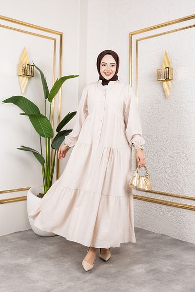 Viskosa Stand Collar Buttoned Floor Skirt Relaxed Fit Long Dress