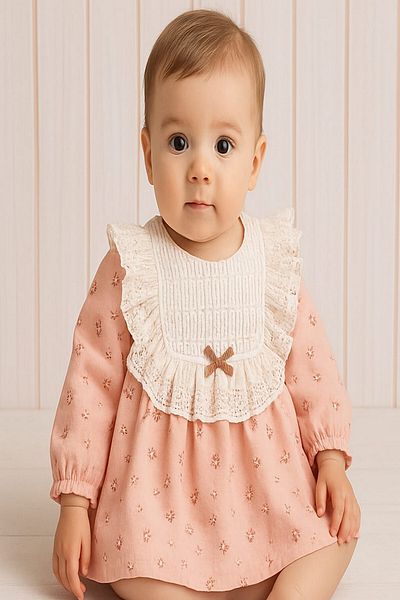 dinamik çocuk Baby Girl Lace Collar Detailed Vintage Floral Patterned Dress Seasonal Stylish Model 3-6-9-12-18-24Months