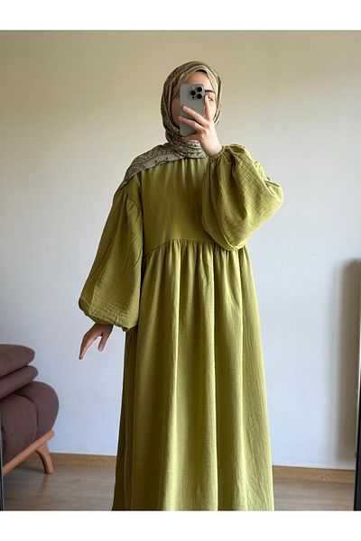 ENDAMIM Muslin Dress Belted Double Layer Fabric