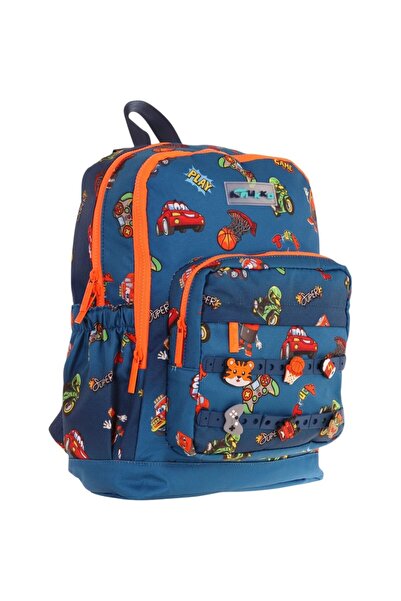 KAUKKO Kids Four Compartment Boys' Navy Blue Orange Primary School Bag with Silicone Accessories