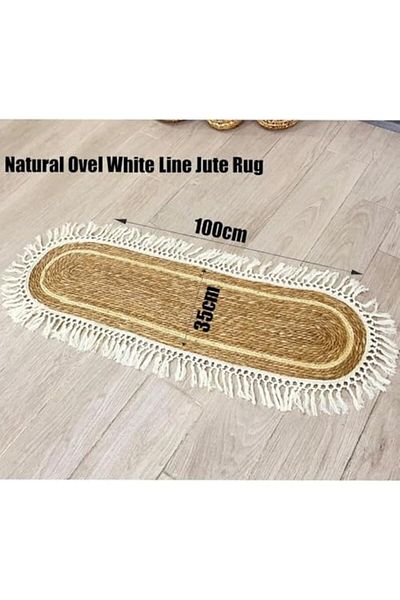 genric FFD Jute Oval Rug with White Stripe Design – Eco-Friendly Natural Fiber Carpet, 100x35cm
