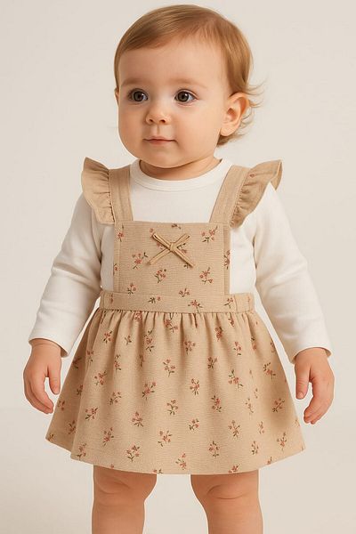 dinamik çocuk Baby Girl Floral Patterned Bow Dress with Badili 2-Piece Set Long Sleeve Undershirt 3-6-9-12-18-24Months