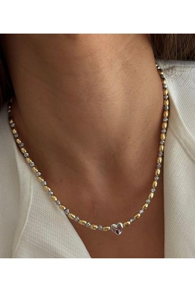 AychaAksesuar Steel Dorica Bead Two-Color Heart Short Necklace